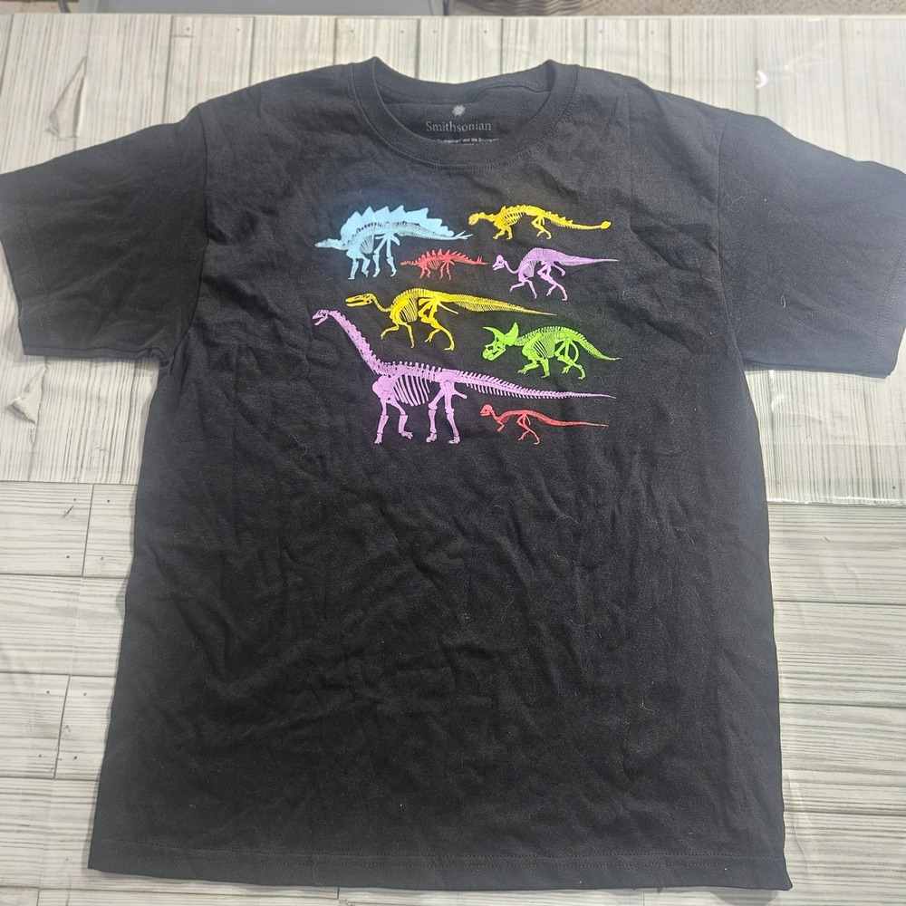 Smithsonian Kids Black Dinosaur Skeleton Graphic T-Shirt Neon Rainbow Fossil Tee